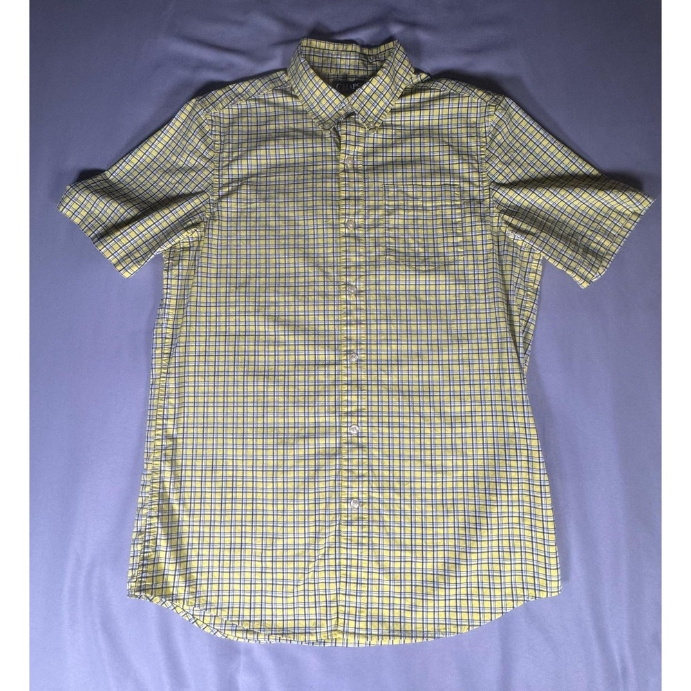 Chaps Mens Medium‎ Yellow Plaid Stretch Poplin Short Sleeve Button Up Shirt